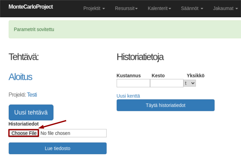 historiatietojen luku korostettu