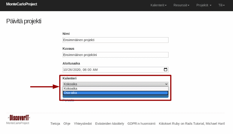montecarloproject aseta projektikalenteri nuolella
