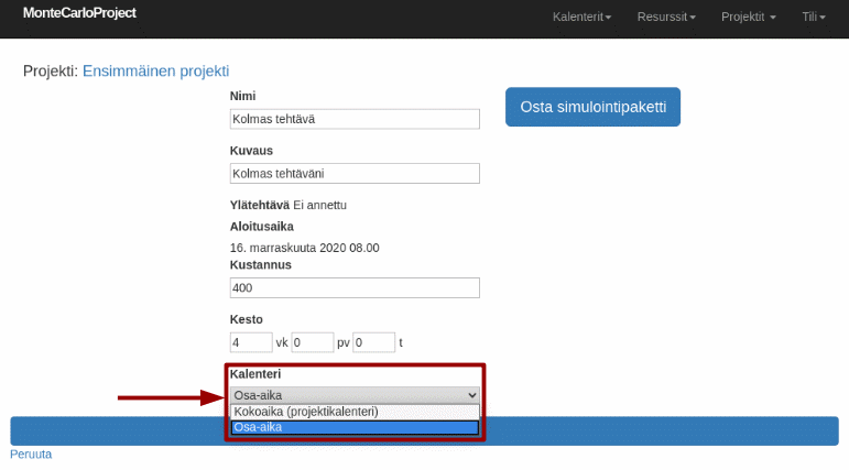 montecarloproject aseta tehtavakalenteri nuolella