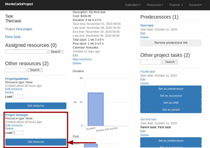 montecarloproject assign resource in task display with arrow