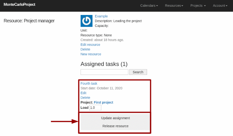 montecarloproject assigned tasks in resource display with arrow