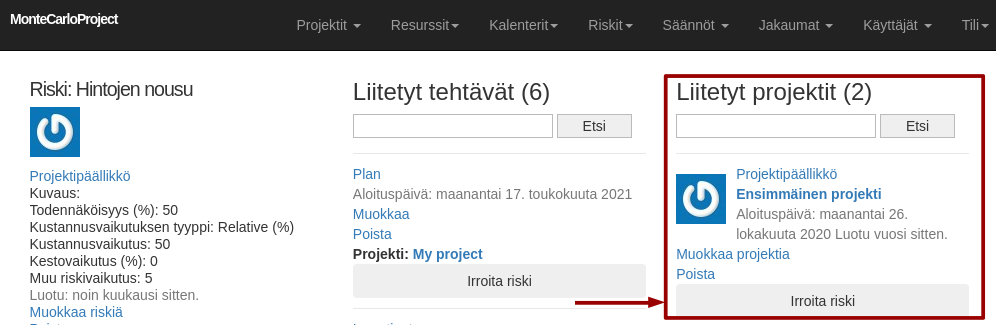montecarloproject sijoitetut tehtavat resurssinaytossa nuolella