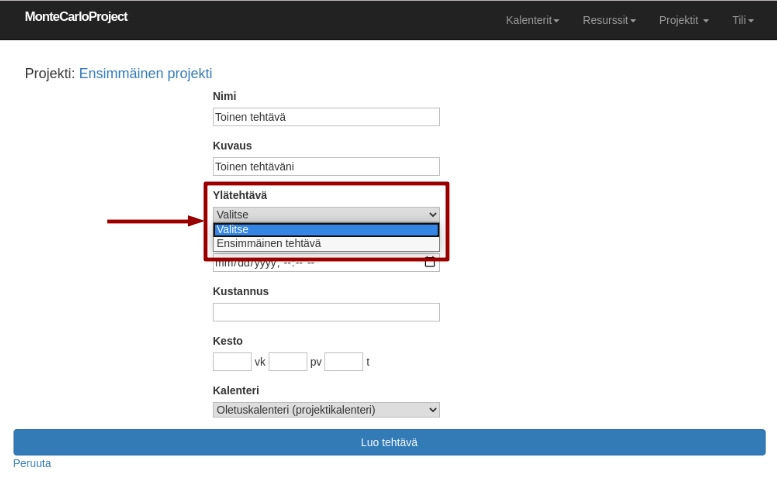 montecarloproject luo alatehtava nuolella