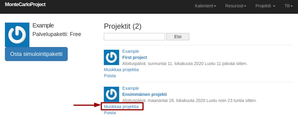 montecarloproject projektilista muokkaa projektia nuolella