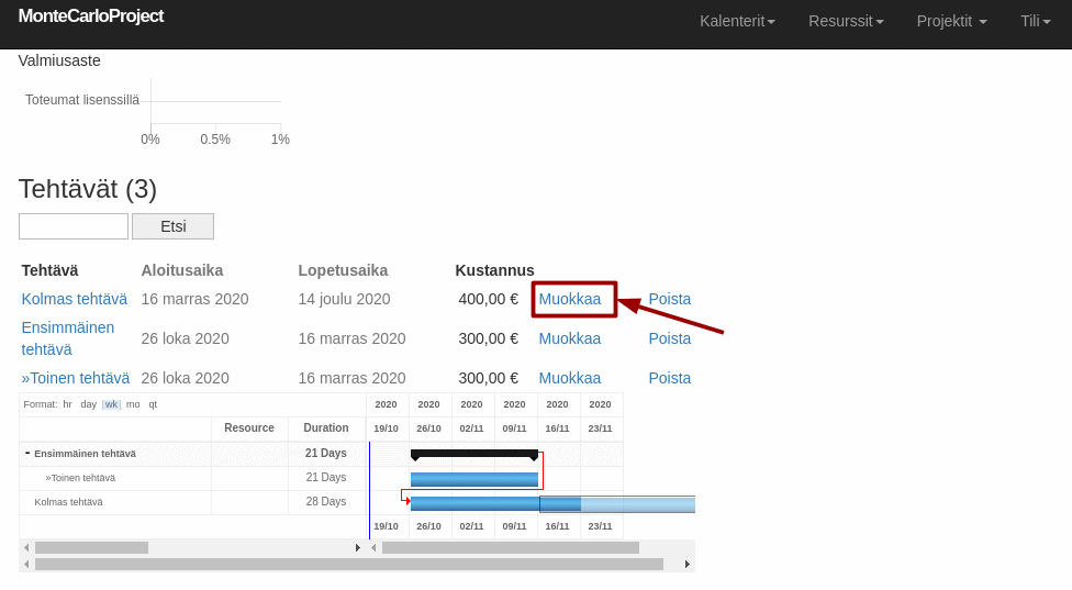 montecarloproject projektinaytto muokkaa tehtavaa nuolella