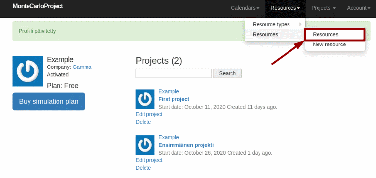 montecarloproject resource list with arrow