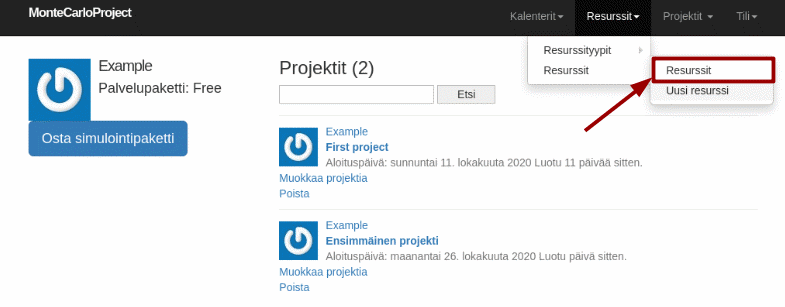 montecarloproject resurssilista nuolella