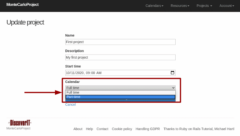 montecarloproject set project calendar with arrow