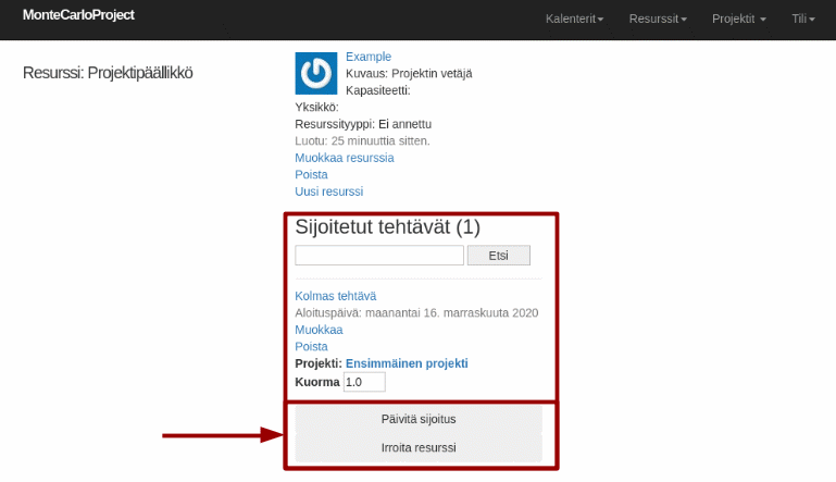 montecarloproject sijoitetut tehtavat resurssinaytossa nuolella