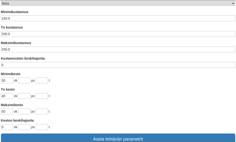 parametrien asettaminen