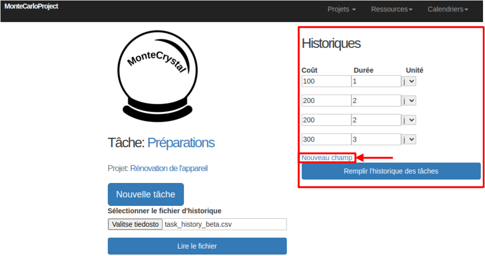 remplir historique tache