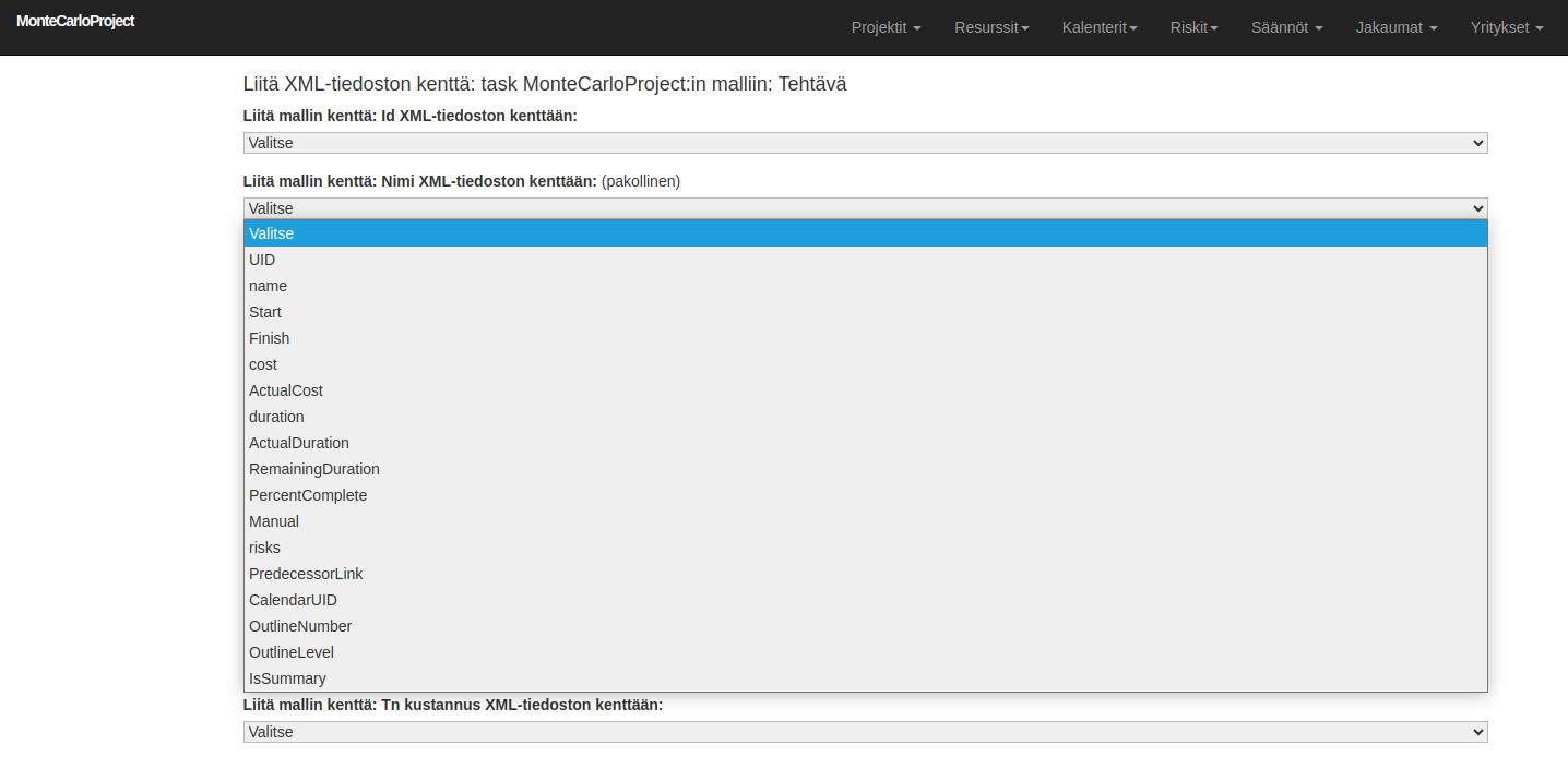 tuo XML kenttaliitokset