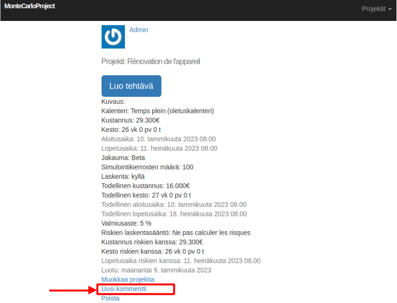 uusi projektin kommentti